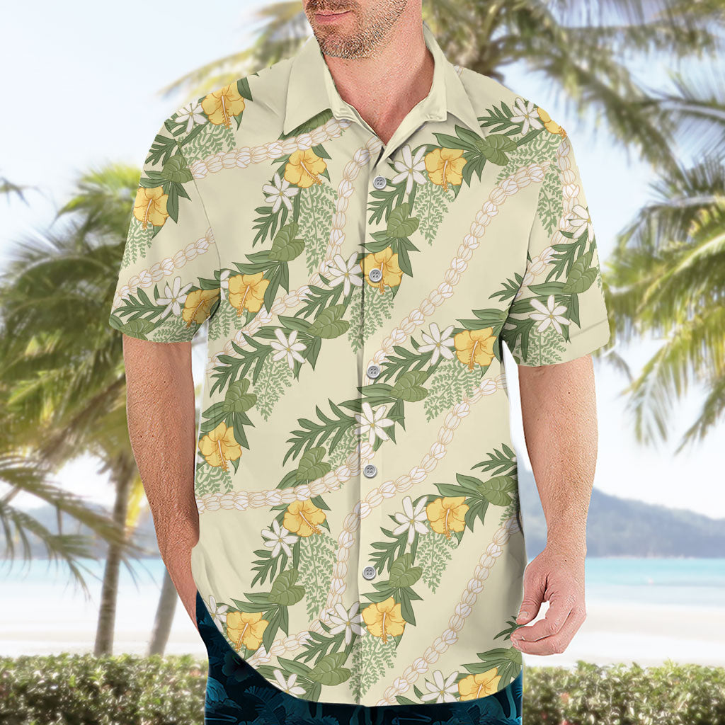 Hawaiian Pikake Maile Lei Hawaiian Shirt Tiare Hibiscus Kalo Palapalai Leaf Beige LT19 - Polynesian Pride