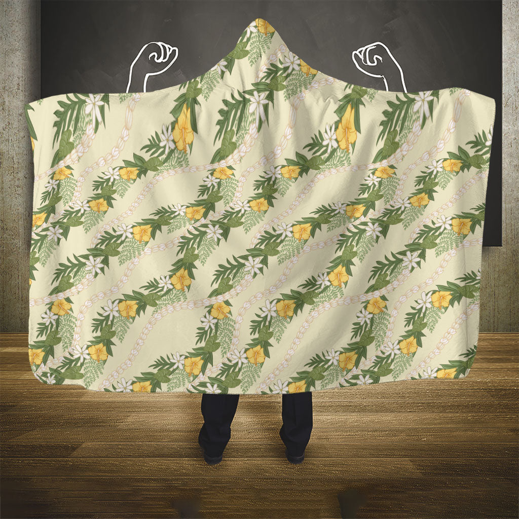Hawaiian Pikake Maile Lei Hooded Blanket Tiare Hibiscus Kalo Palapalai Leaf Beige LT19 - Polynesian Pride