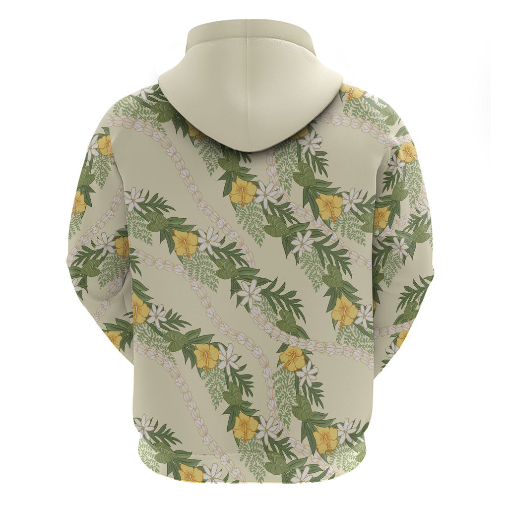 Hawaiian Pikake Maile Lei Hoodie Tiare Hibiscus Kalo Palapalai Leaf Beige LT19 - Polynesian Pride