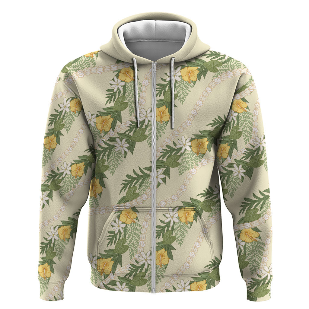 Hawaiian Pikake Maile Lei Hoodie Tiare Hibiscus Kalo Palapalai Leaf Beige LT19 Zip Hoodie Beige - Polynesian Pride