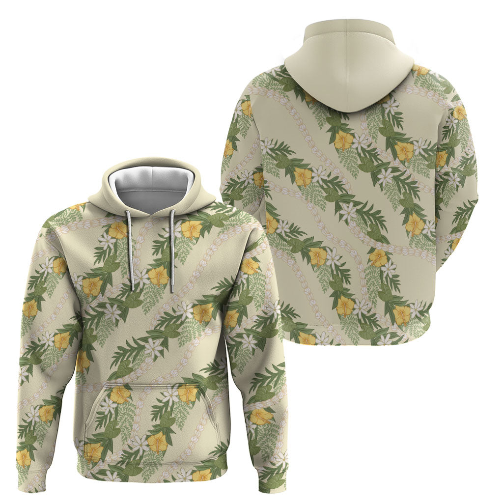 Hawaiian Pikake Maile Lei Hoodie Tiare Hibiscus Kalo Palapalai Leaf Beige LT19 - Polynesian Pride