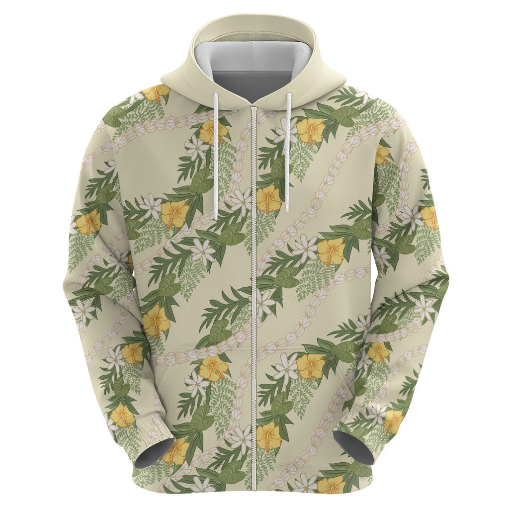 Hawaiian Pikake Maile Lei Hoodie Tiare Hibiscus Kalo Palapalai Leaf Beige LT19 - Polynesian Pride