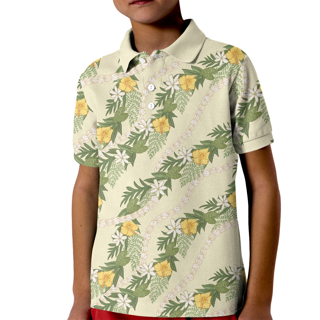 Hawaiian Pikake Maile Lei Kid Polo Shirt Tiare Hibiscus Kalo Palapalai Leaf Beige LT19 Kid Beige - Polynesian Pride