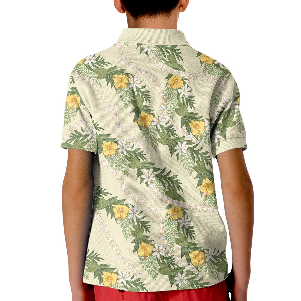 Hawaiian Pikake Maile Lei Kid Polo Shirt Tiare Hibiscus Kalo Palapalai Leaf Beige LT19 - Polynesian Pride