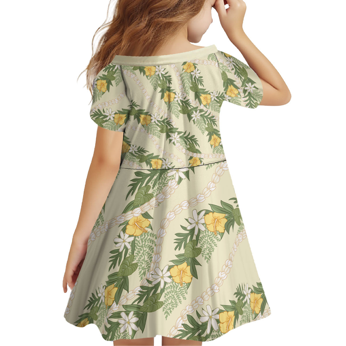 Hawaiian Pikake Maile Lei Kid Short Sleeve Dress Tiare Hibiscus Kalo Palapalai Leaf Beige LT19 - Polynesian Pride