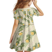 Hawaiian Pikake Maile Lei Kid Short Sleeve Dress Tiare Hibiscus Kalo Palapalai Leaf Beige LT19 - Polynesian Pride