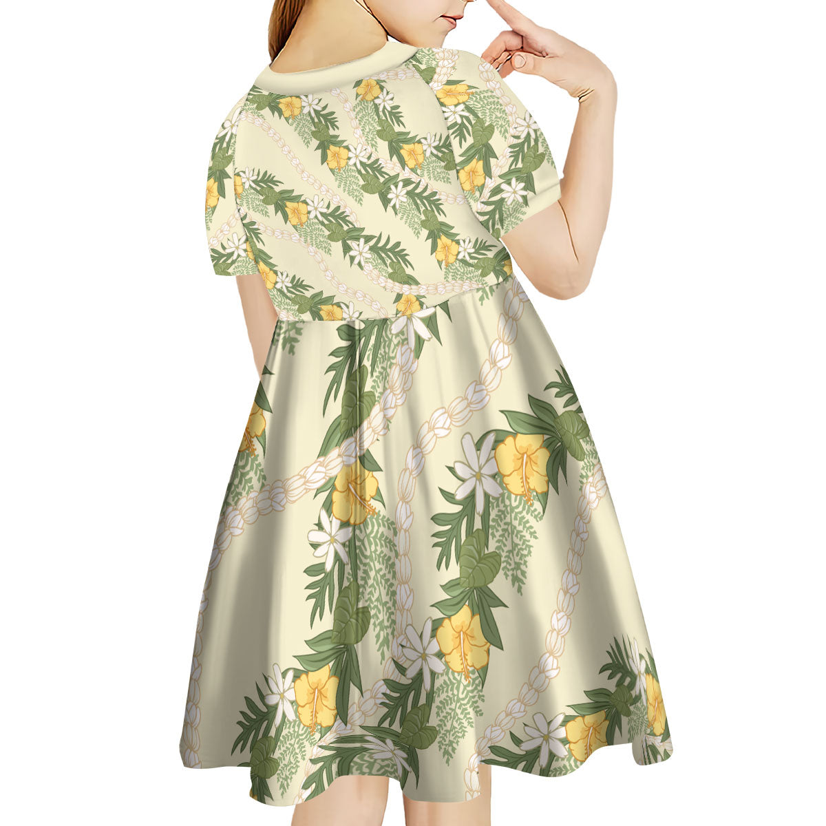Hawaiian Pikake Maile Lei Kid Short Sleeve Dress Tiare Hibiscus Kalo Palapalai Leaf Beige LT19 - Polynesian Pride