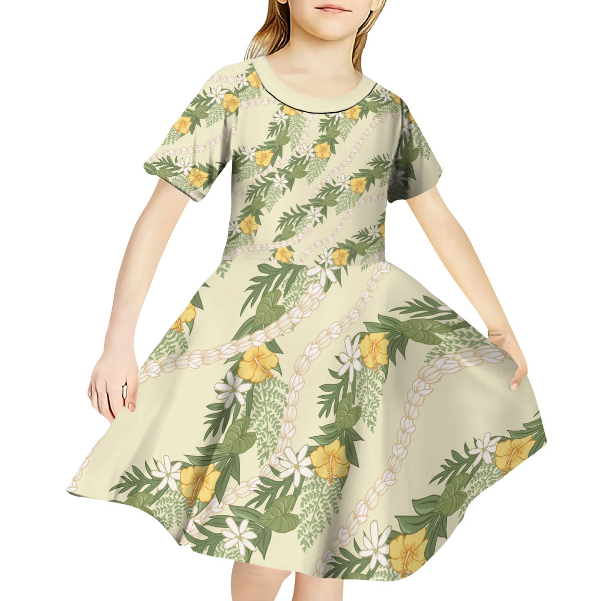 Hawaiian Pikake Maile Lei Kid Short Sleeve Dress Tiare Hibiscus Kalo Palapalai Leaf Beige LT19 - Polynesian Pride