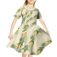 Hawaiian Pikake Maile Lei Kid Short Sleeve Dress Tiare Hibiscus Kalo Palapalai Leaf Beige LT19 - Polynesian Pride