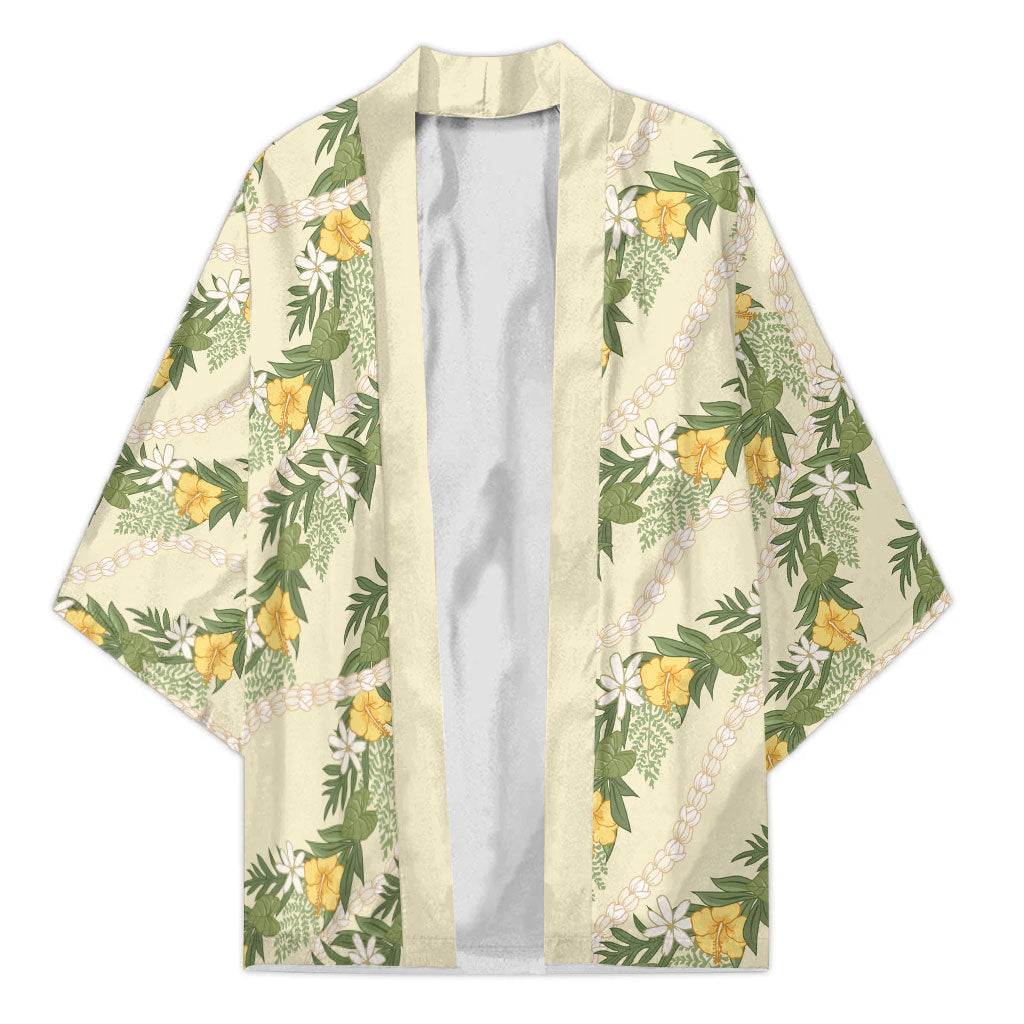 Hawaiian Pikake Maile Lei Kimono Tiare Hibiscus Kalo Palapalai Leaf Beige