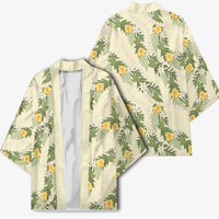 Hawaiian Pikake Maile Lei Kimono Tiare Hibiscus Kalo Palapalai Leaf Beige