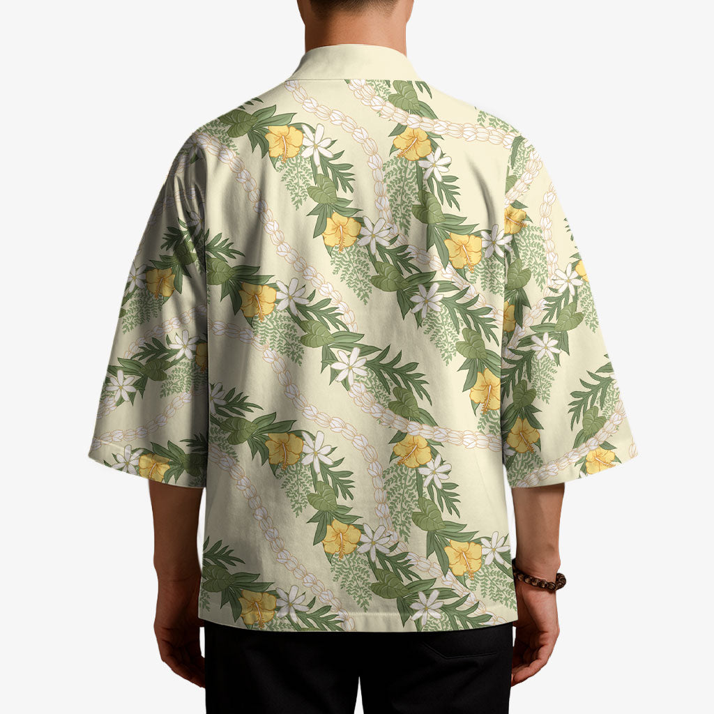 Hawaiian Pikake Maile Lei Kimono Tiare Hibiscus Kalo Palapalai Leaf Beige