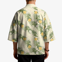 Hawaiian Pikake Maile Lei Kimono Tiare Hibiscus Kalo Palapalai Leaf Beige