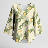 Hawaiian Pikake Maile Lei Kimono Sleeve Blouse Tiare Hibiscus Kalo Palapalai Leaf Beige LT19 Female Beige - Polynesian Pride