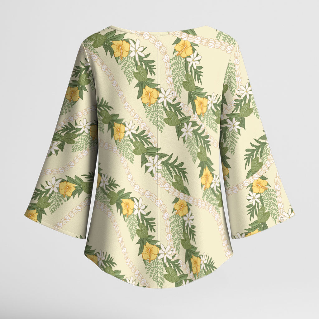 Hawaiian Pikake Maile Lei Kimono Sleeve Blouse Tiare Hibiscus Kalo Palapalai Leaf Beige LT19 - Polynesian Pride
