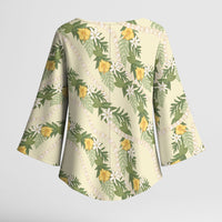 Hawaiian Pikake Maile Lei Kimono Sleeve Blouse Tiare Hibiscus Kalo Palapalai Leaf Beige LT19 - Polynesian Pride