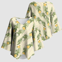 Hawaiian Pikake Maile Lei Kimono Sleeve Blouse Tiare Hibiscus Kalo Palapalai Leaf Beige LT19 - Polynesian Pride