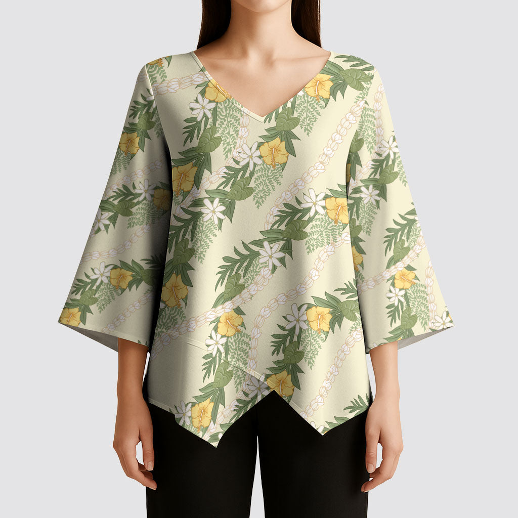 Hawaiian Pikake Maile Lei Kimono Sleeve Blouse Tiare Hibiscus Kalo Palapalai Leaf Beige LT19 - Polynesian Pride