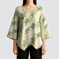 Hawaiian Pikake Maile Lei Kimono Sleeve Blouse Tiare Hibiscus Kalo Palapalai Leaf Beige LT19 - Polynesian Pride
