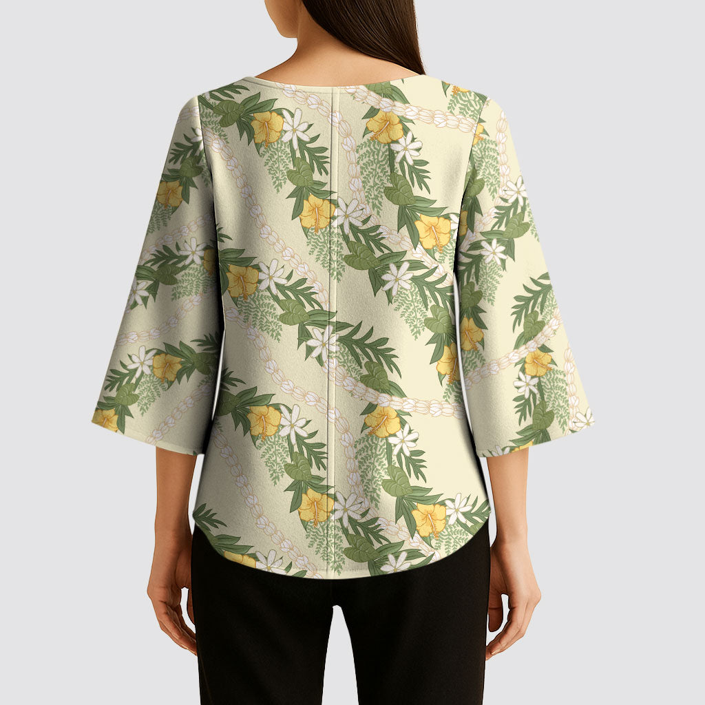 Hawaiian Pikake Maile Lei Kimono Sleeve Blouse Tiare Hibiscus Kalo Palapalai Leaf Beige LT19 - Polynesian Pride