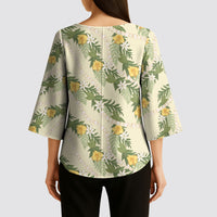 Hawaiian Pikake Maile Lei Kimono Sleeve Blouse Tiare Hibiscus Kalo Palapalai Leaf Beige LT19 - Polynesian Pride