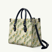 Hawaiian Pikake Maile Lei Leather Bag Tiare Hibiscus Kalo Palapalai Leaf Beige