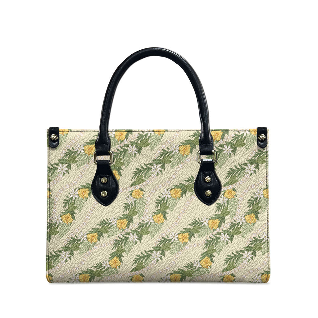 Hawaiian Pikake Maile Lei Leather Bag Tiare Hibiscus Kalo Palapalai Leaf Beige
