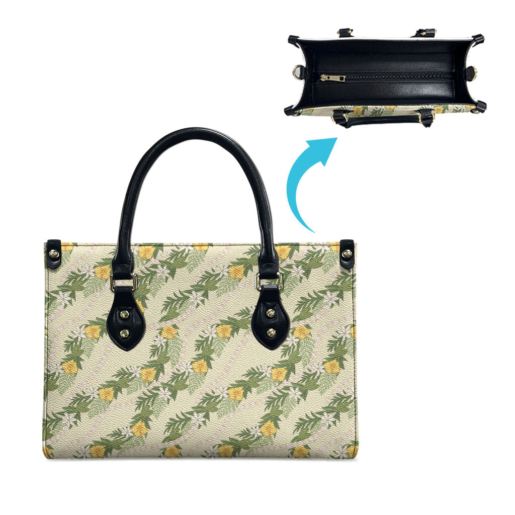 Hawaiian Pikake Maile Lei Leather Bag Tiare Hibiscus Kalo Palapalai Leaf Beige