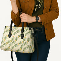 Hawaiian Pikake Maile Lei Leather Bag Tiare Hibiscus Kalo Palapalai Leaf Beige
