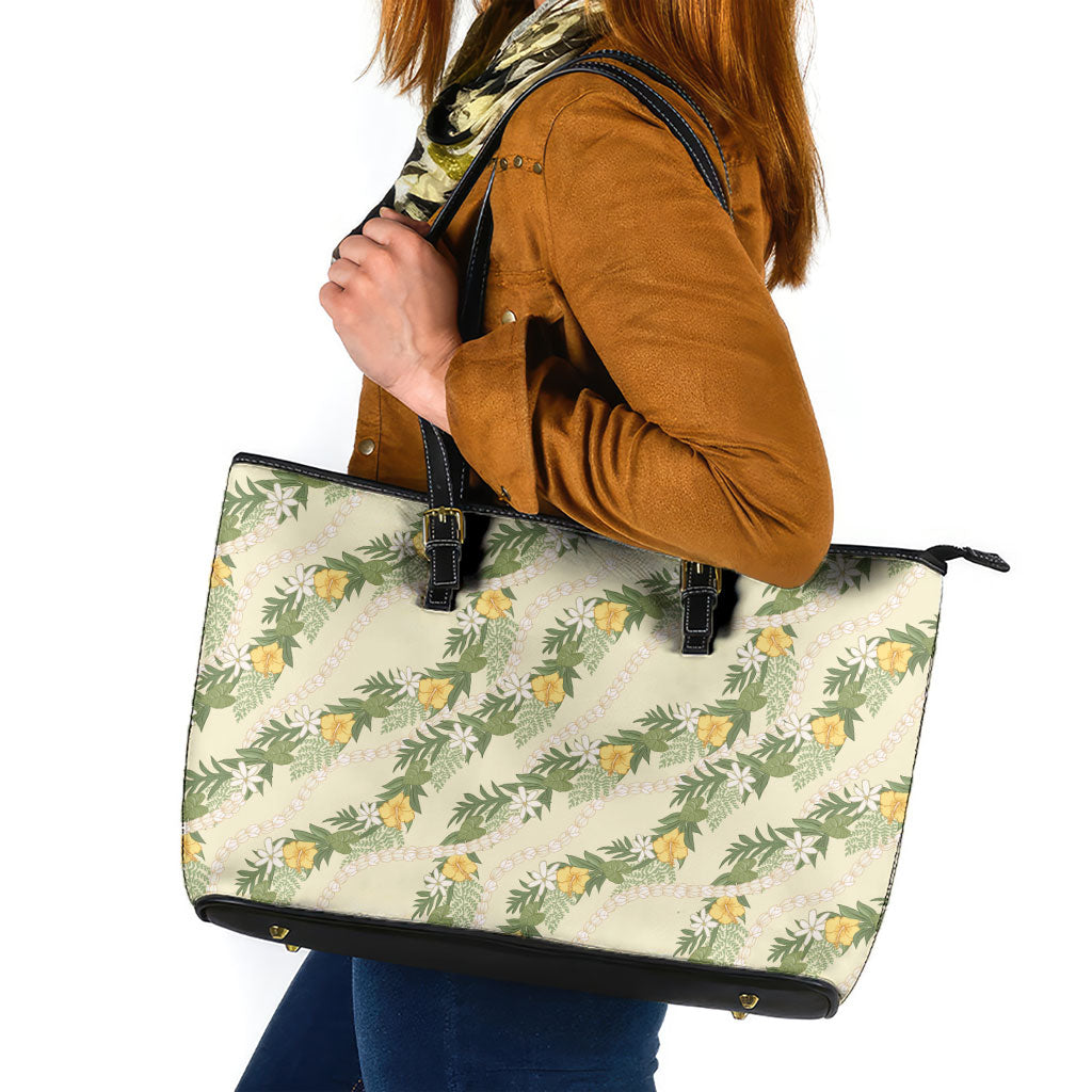 Hawaiian Pikake Maile Lei Leather Tote Bag Tiare Hibiscus Kalo Palapalai Leaf Beige LT19 Beige - Polynesian Pride