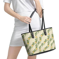 Hawaiian Pikake Maile Lei Leather Tote Bag Tiare Hibiscus Kalo Palapalai Leaf Beige LT19 - Polynesian Pride