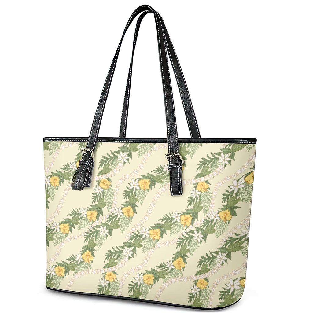 Hawaiian Pikake Maile Lei Leather Tote Bag Tiare Hibiscus Kalo Palapalai Leaf Beige LT19 - Polynesian Pride