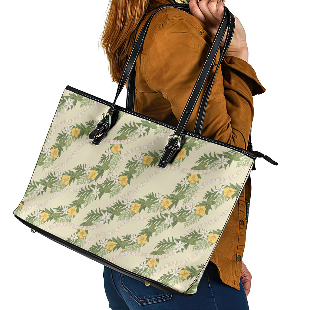 Hawaiian Pikake Maile Lei Leather Tote Bag Tiare Hibiscus Kalo Palapalai Leaf Beige LT19 - Polynesian Pride