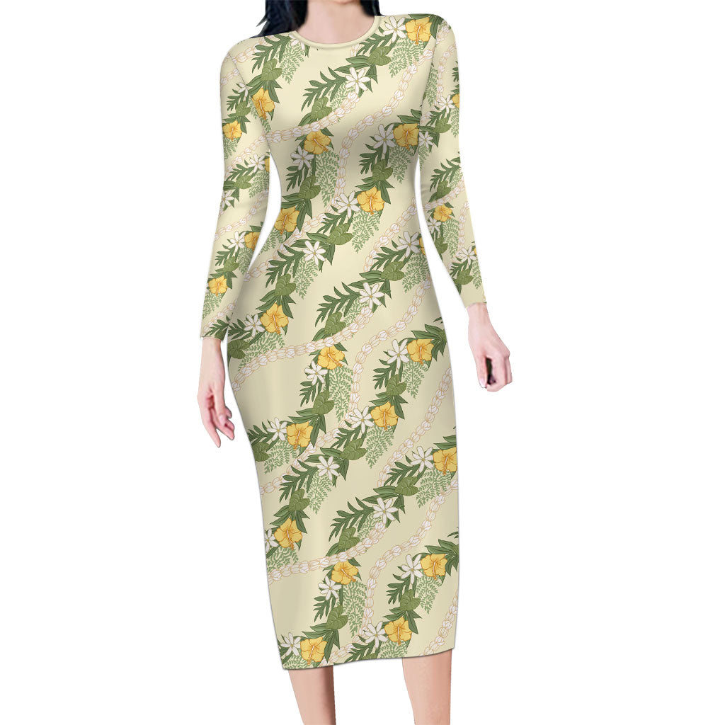 Hawaiian Pikake Maile Lei Long Sleeve Bodycon Dress Tiare Hibiscus Kalo Palapalai Leaf Beige
