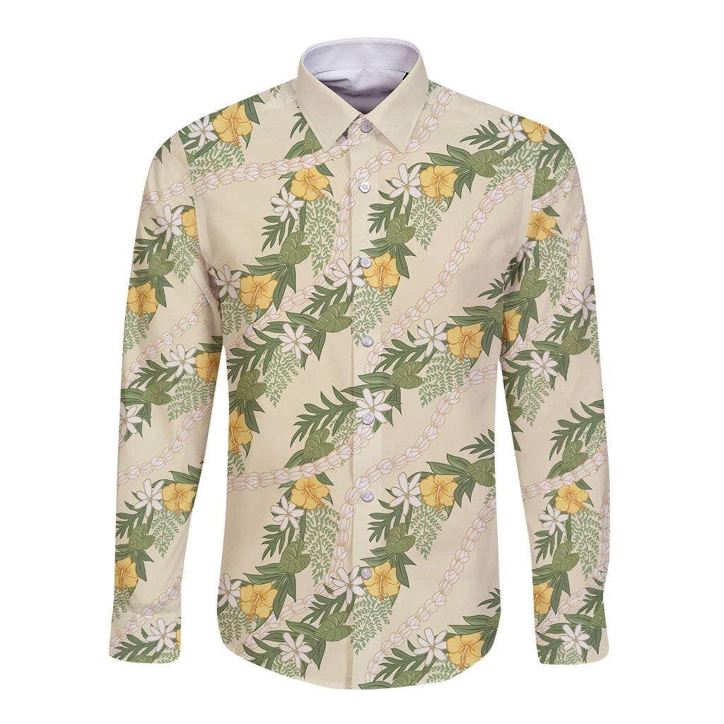 Hawaiian Pikake Maile Lei Long Sleeve Button Shirt Tiare Hibiscus Kalo Palapalai Leaf Beige LT19 Unisex Beige - Polynesian Pride