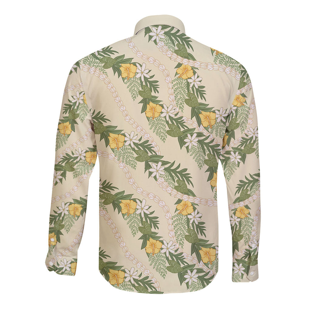 Hawaiian Pikake Maile Lei Long Sleeve Button Shirt Tiare Hibiscus Kalo Palapalai Leaf Beige LT19 - Polynesian Pride