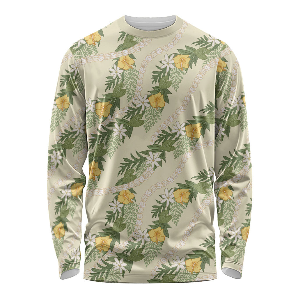 Hawaiian Pikake Maile Lei Long Sleeve Shirt Tiare Hibiscus Kalo Palapalai Leaf Beige LT19 Unisex Beige - Polynesian Pride
