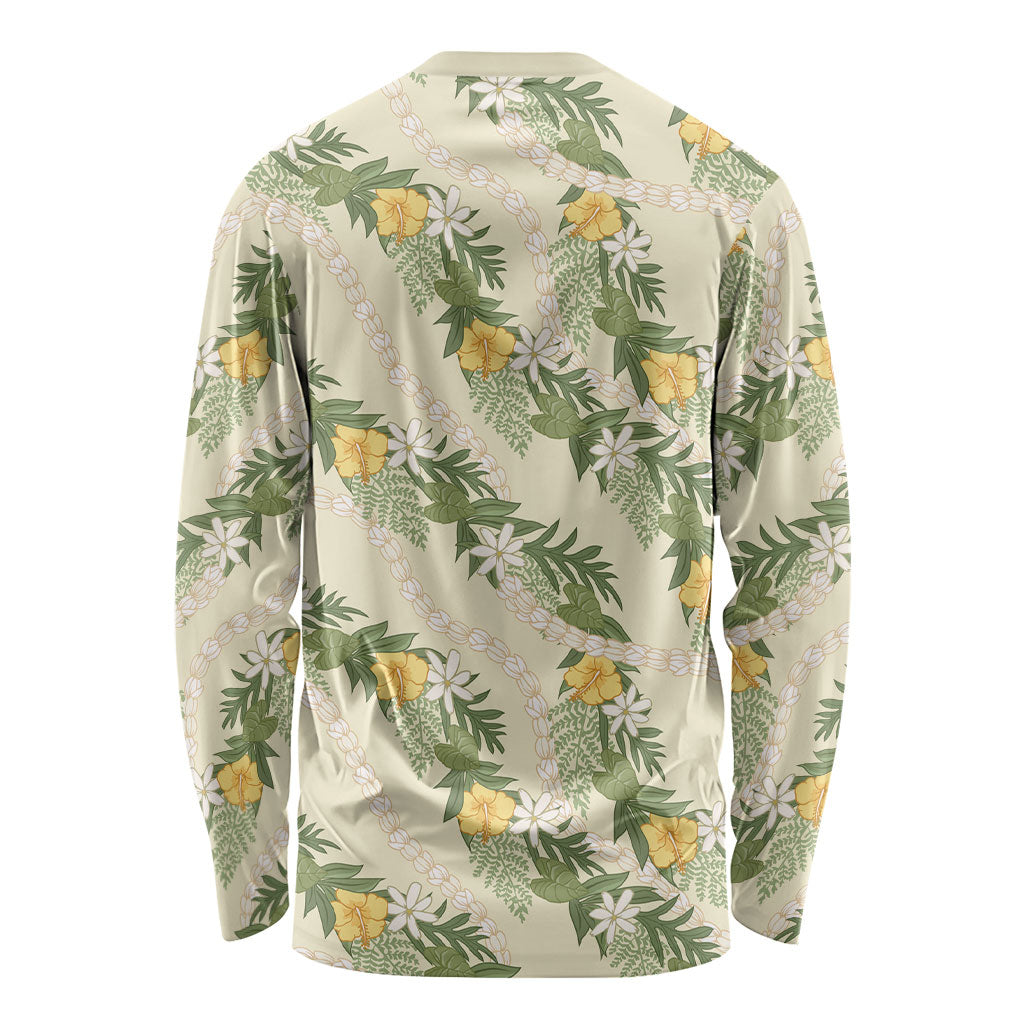 Hawaiian Pikake Maile Lei Long Sleeve Shirt Tiare Hibiscus Kalo Palapalai Leaf Beige LT19 - Polynesian Pride