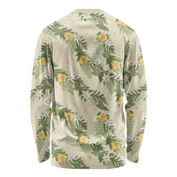 Hawaiian Pikake Maile Lei Long Sleeve Shirt Tiare Hibiscus Kalo Palapalai Leaf Beige LT19 - Polynesian Pride