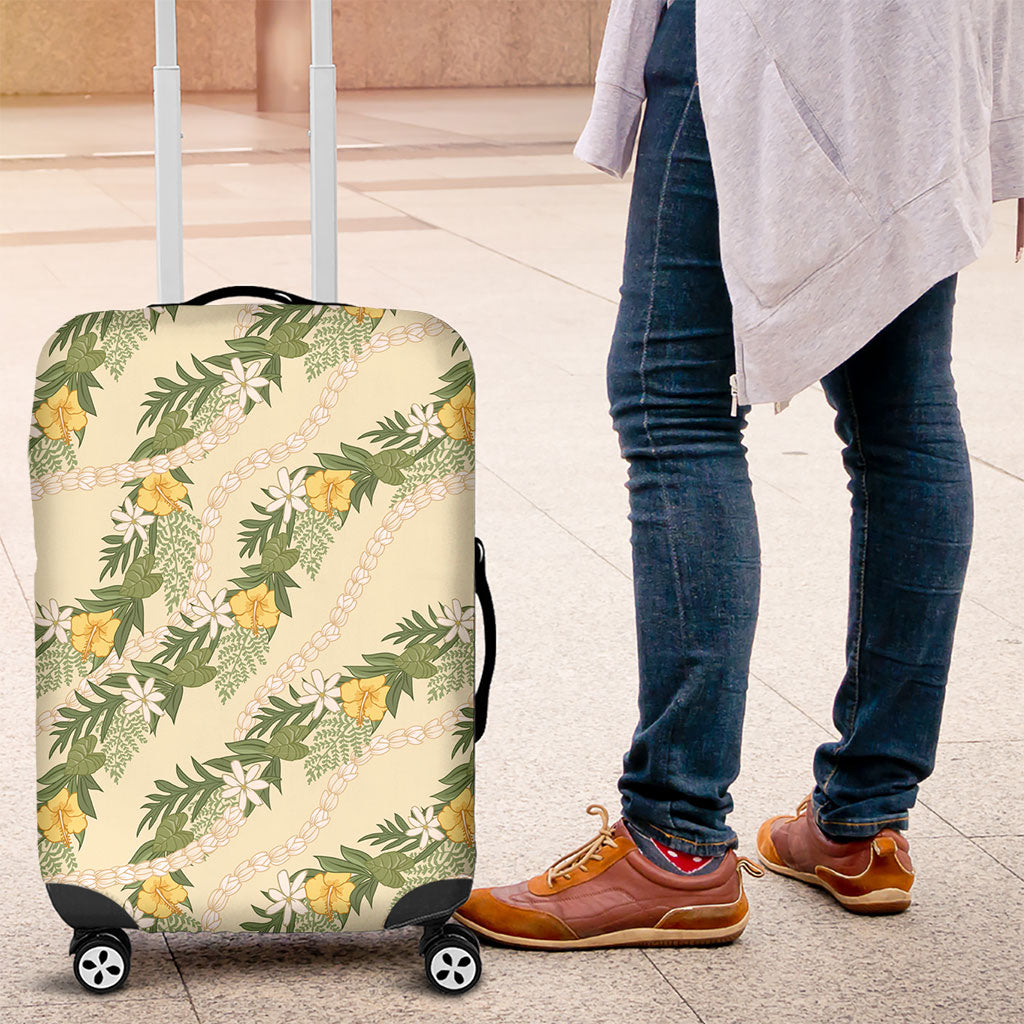 Hawaiian Pikake Maile Lei Luggage Cover Tiare Hibiscus Kalo Palapalai Leaf Beige LT19 Beige - Polynesian Pride