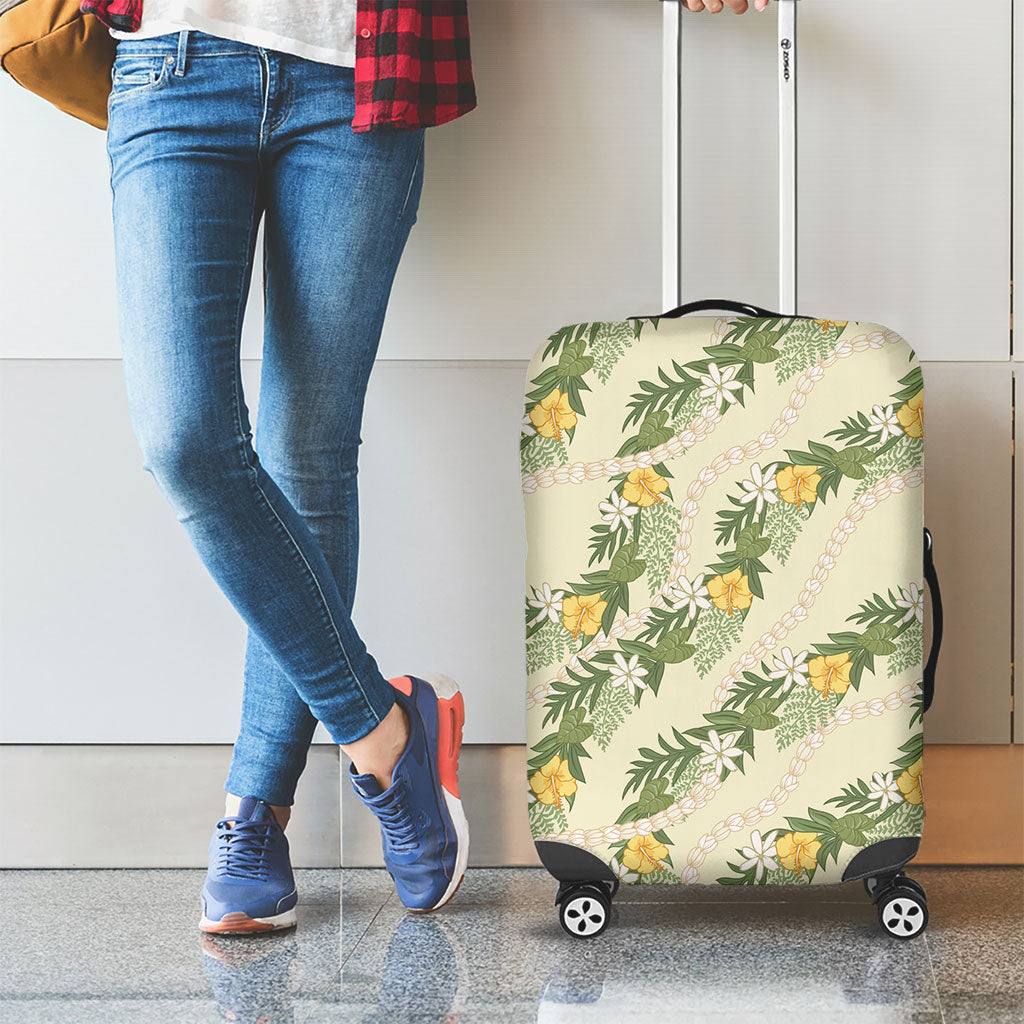 Hawaiian Pikake Maile Lei Luggage Cover Tiare Hibiscus Kalo Palapalai Leaf Beige LT19 - Polynesian Pride