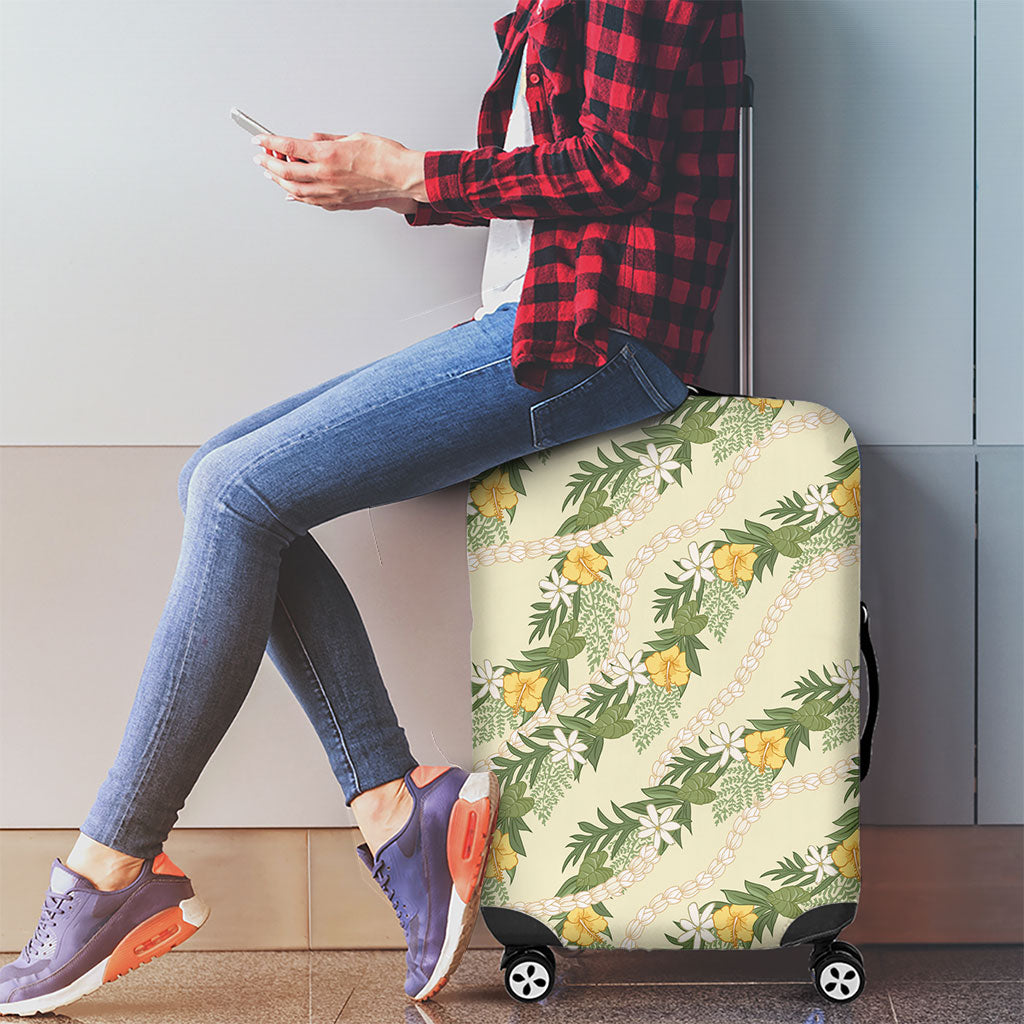 Hawaiian Pikake Maile Lei Luggage Cover Tiare Hibiscus Kalo Palapalai Leaf Beige LT19 - Polynesian Pride