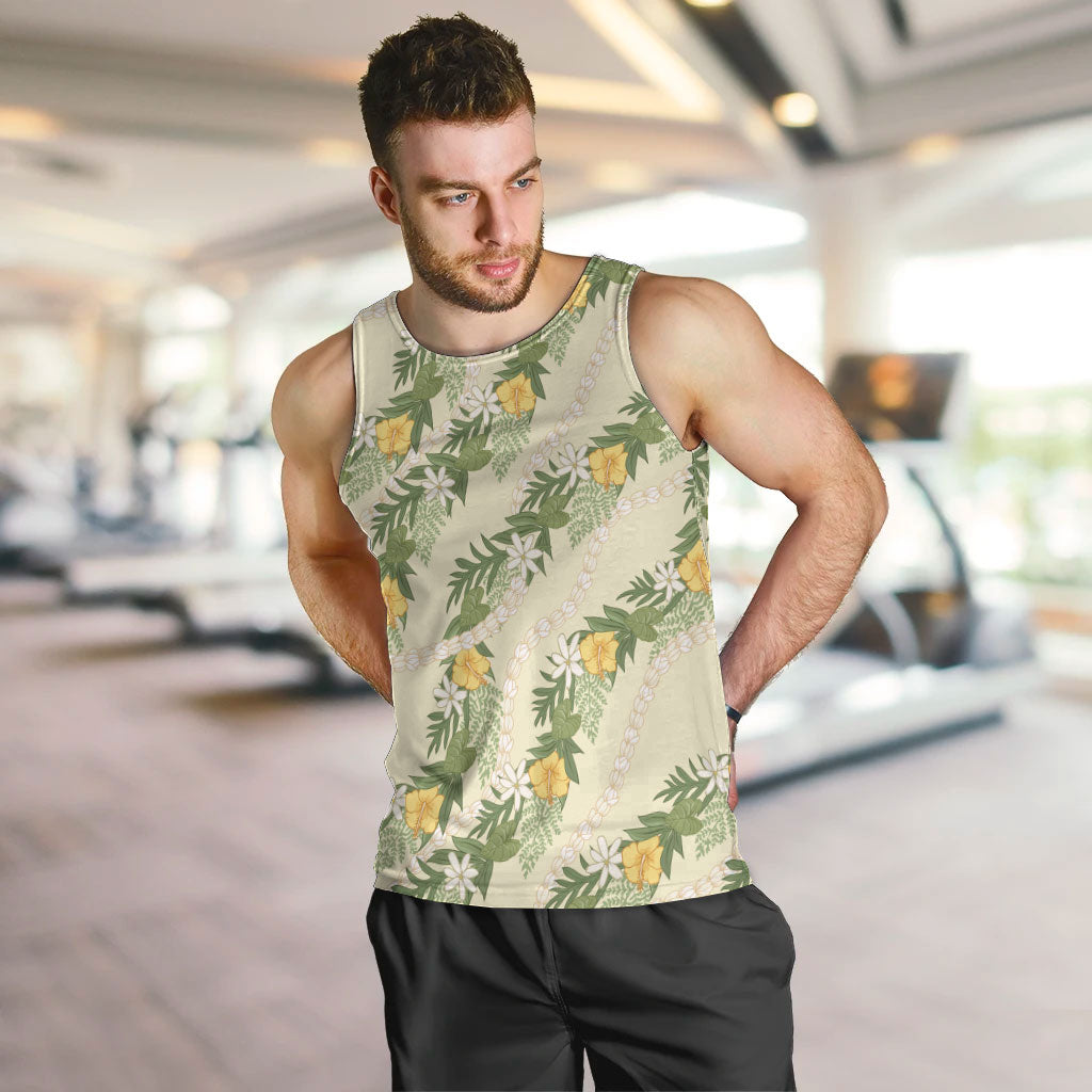 Hawaiian Pikake Maile Lei Men Tank Top Tiare Hibiscus Kalo Palapalai Leaf Beige LT19 Beige - Polynesian Pride