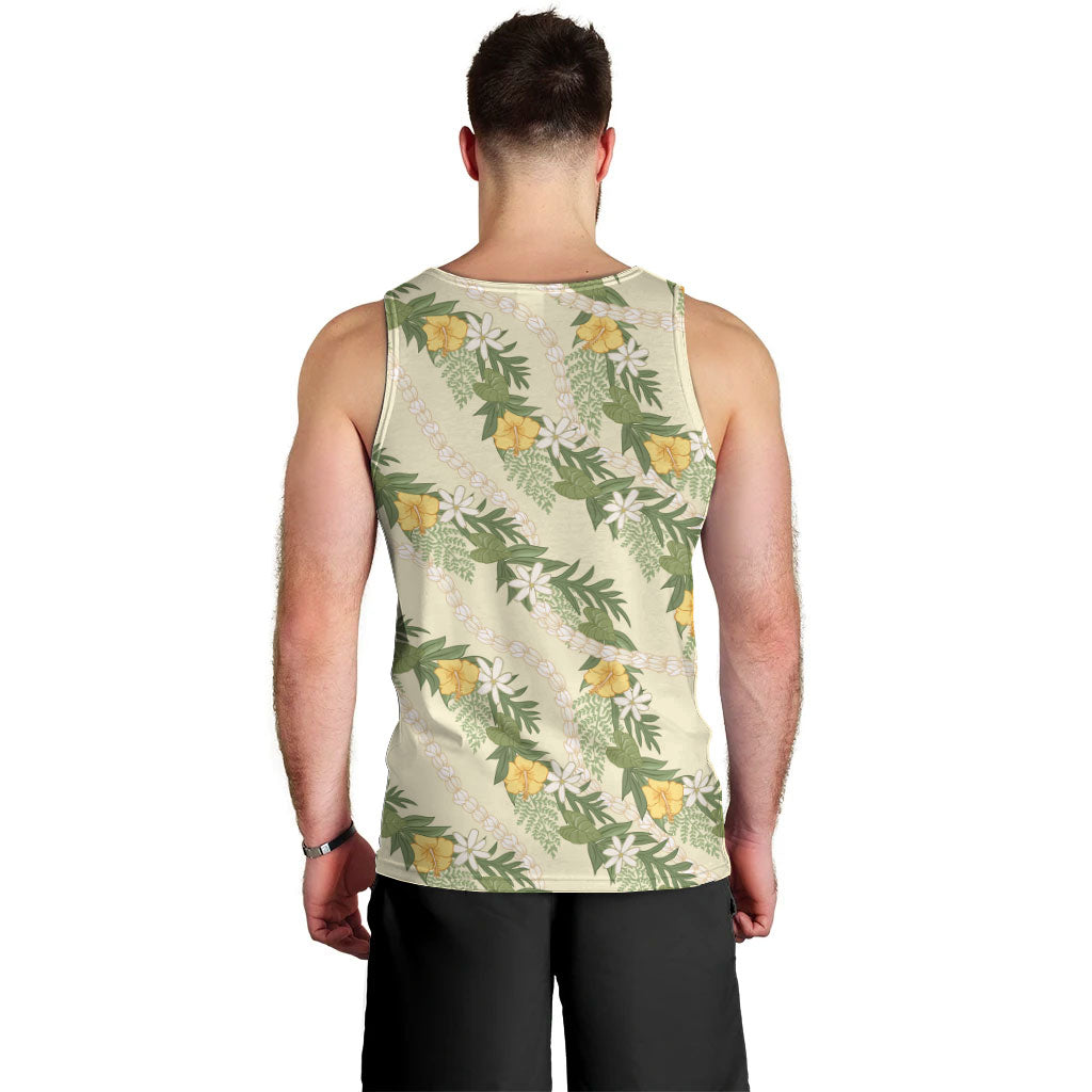 Hawaiian Pikake Maile Lei Men Tank Top Tiare Hibiscus Kalo Palapalai Leaf Beige LT19 - Polynesian Pride