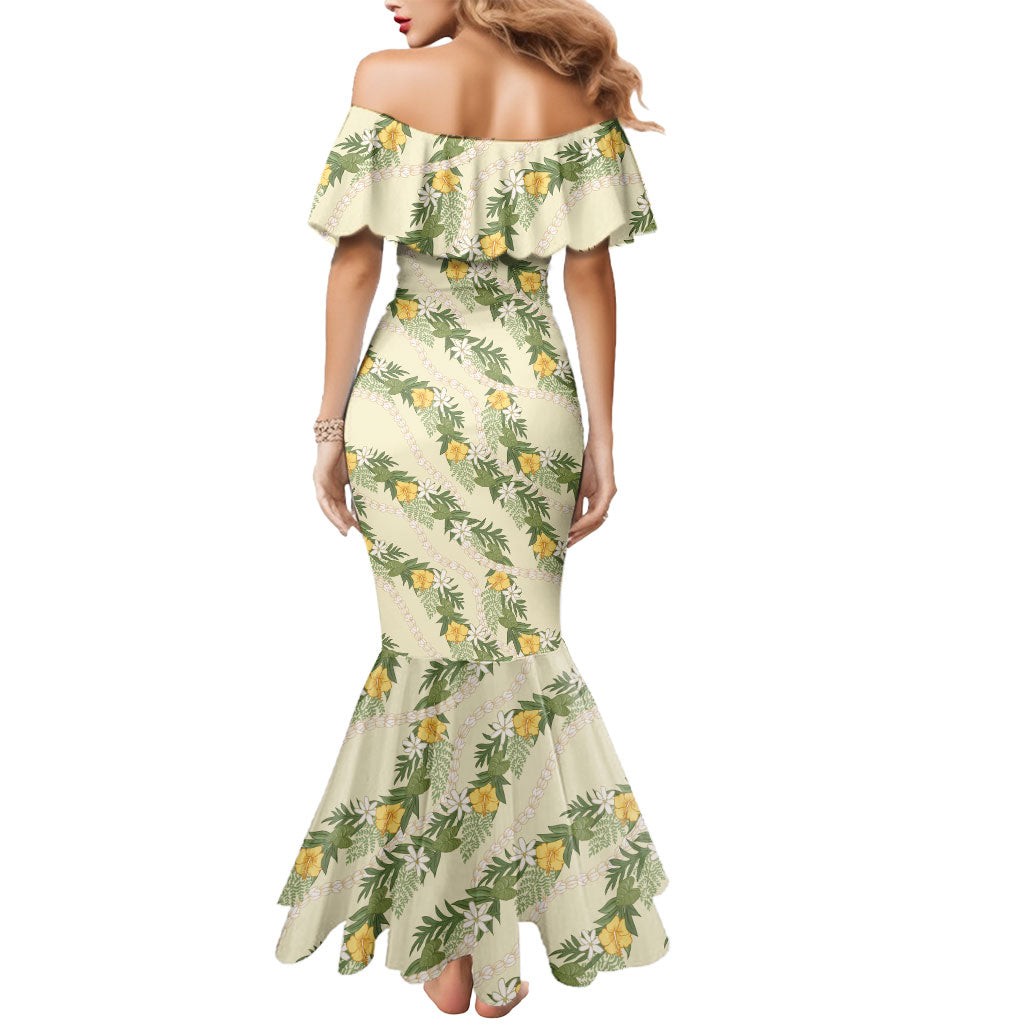 Hawaiian Pikake Maile Lei Mermaid Dress Tiare Hibiscus Kalo Palapalai Leaf Beige LT19 - Polynesian Pride