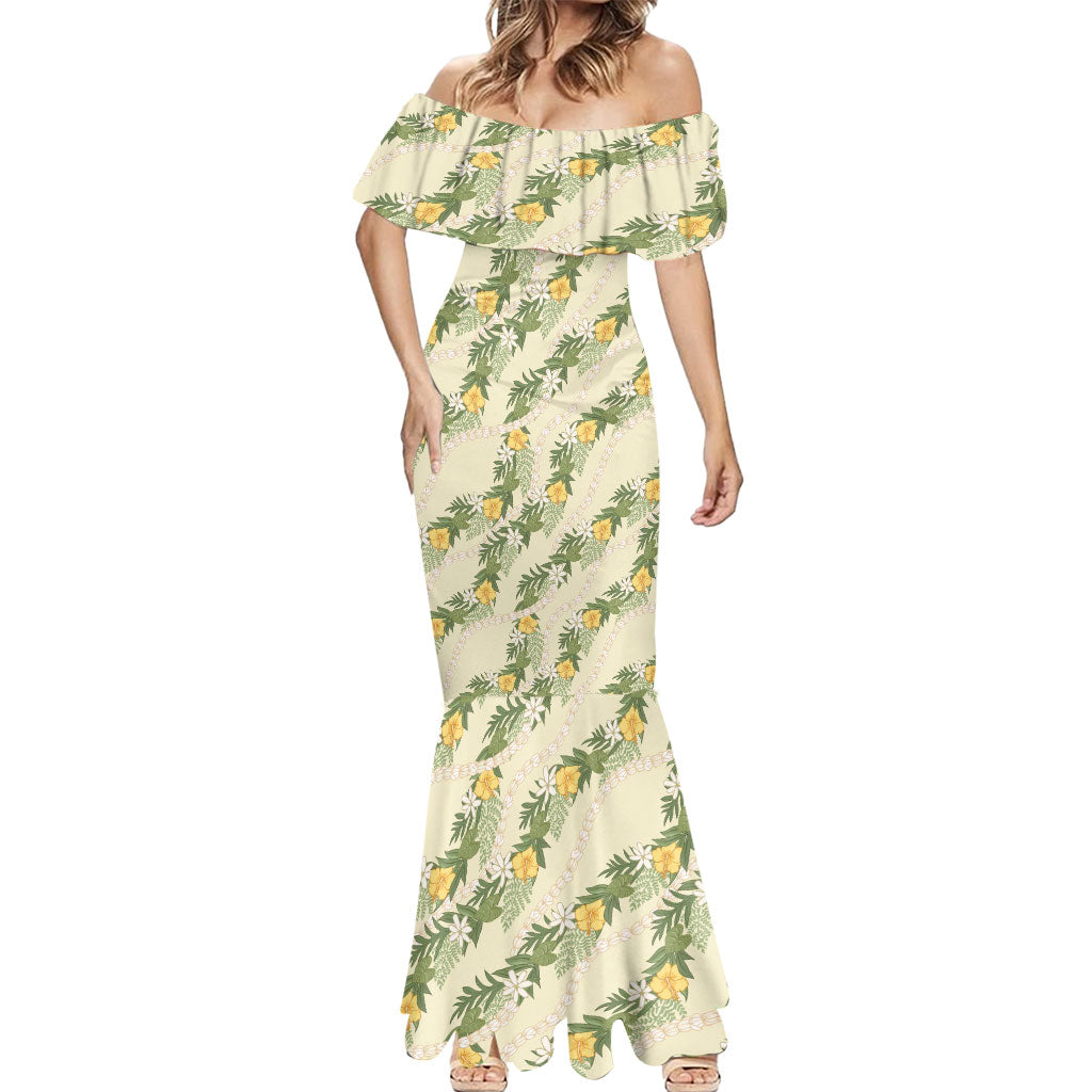 Hawaiian Pikake Maile Lei Mermaid Dress Tiare Hibiscus Kalo Palapalai Leaf Beige LT19 - Polynesian Pride