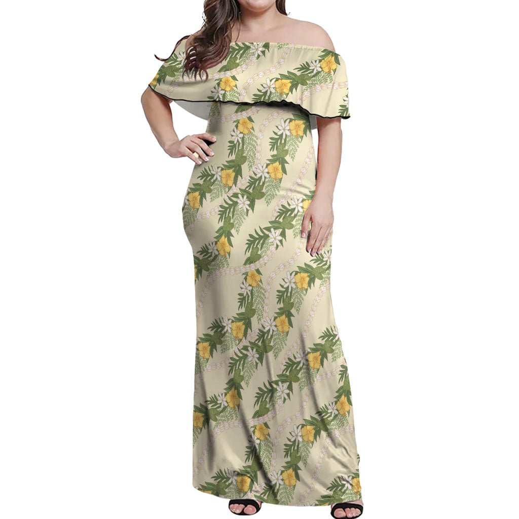 Hawaiian Pikake Maile Lei Off Shoulder Maxi Dress Tiare Hibiscus Kalo Palapalai Leaf Beige