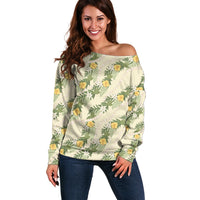 Hawaiian Pikake Maile Lei Off Shoulder Sweater Tiare Hibiscus Kalo Palapalai Leaf Beige