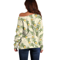 Hawaiian Pikake Maile Lei Off Shoulder Sweater Tiare Hibiscus Kalo Palapalai Leaf Beige