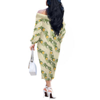 Hawaiian Pikake Maile Lei Off The Shoulder Long Sleeve Dress Tiare Hibiscus Kalo Palapalai Leaf Beige LT19 - Polynesian Pride